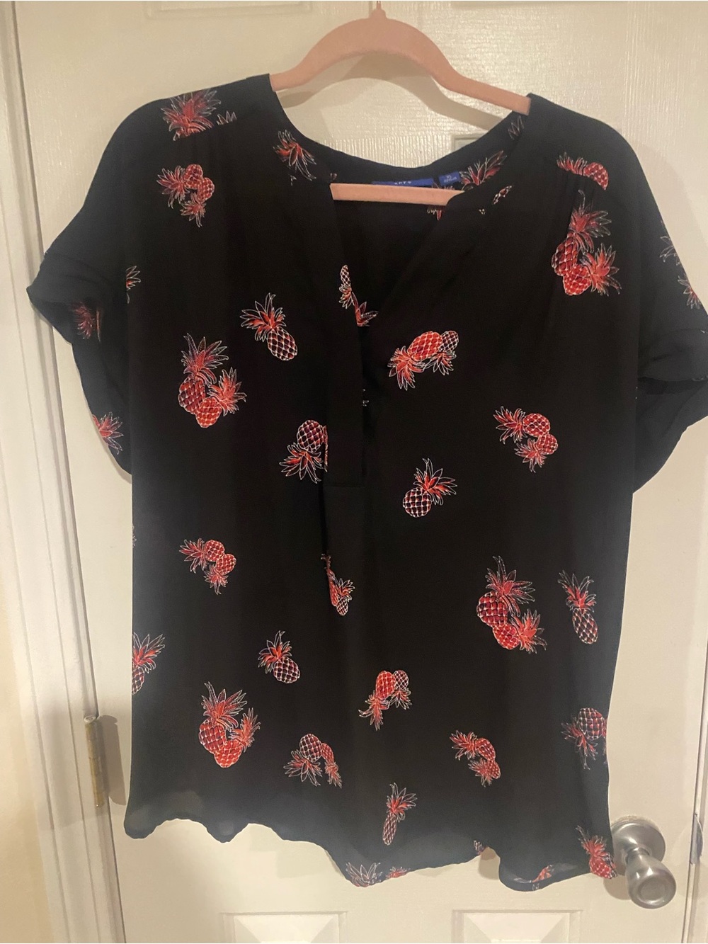 Apt. 9 Black Short-Sleeve Top with Red Pineapple Print